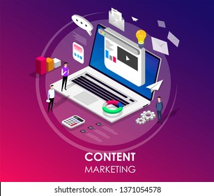 Isometric IT specialists working with charts on content marketing landing page. Business analysis, content strategy and management concept. Ultra violet background. Vector 3d isometric illustration.