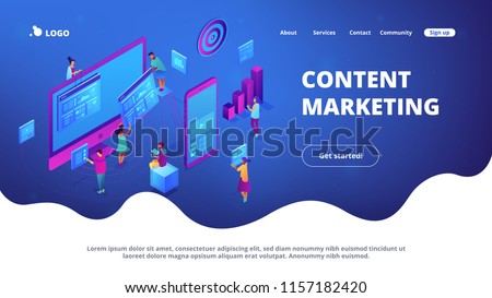 Isometric IT specialists working with charts on content marketing landing page. Business analysis, content strategy and management concept. Blue violet background. Vector 3d isometric illustration.