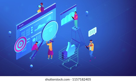 Isometric specialists working on digital marketing strategy illustration. Digital marketing, seo, digital analysis, profit concept. Blue violet background. Vector 3d isometric illustration.