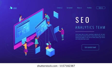 Isometric IT specialists working with web pages and charts landing page. Seo analysis and optimization, seo strategies and marketing concept. Blue violet background. Vector 3d isometric illustration.