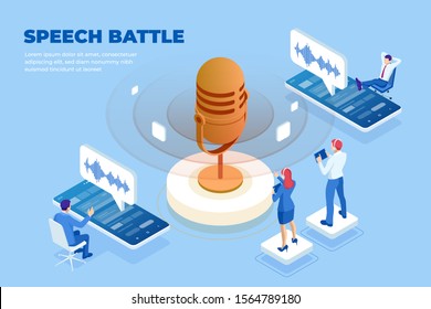 Isometric speech battle and digital sound wave concept. Musical melody design. Soundwave audio music. Voice message or recording voice.