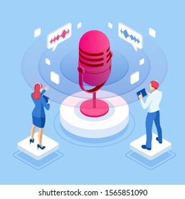 Isometric speech battle and digital sound wave concept. Musical melody design. Soundwave audio music. Voice message or recording voice.