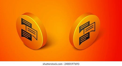 Isometric Speech bubble chat icon aislado en el fondo naranja. Icono de mensaje. Símbolo de chat de comunicación o comentario. Botón de círculo naranja. Vector
