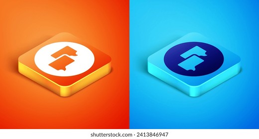 Isometrische Sprechblase-Chat-Symbol einzeln auf orangefarbenem und blauem Hintergrund. Nachrichtensymbol. Chat-Symbol für Kommunikation oder Kommentar.  Vektorgrafik