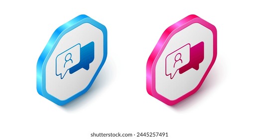 Isometrisches Sprechblasen-Chatsymbol auf weißem Hintergrund. Nachrichtensymbol. Chat-Symbol für Kommunikation oder Kommentar. Sechseck-Button. Vektorgrafik
