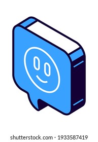 Isometric speech bubble sign, with smile face, emoji, symbol isolated vector icon