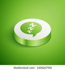 Isometric Speech bubble with snoring icon isolated on green background. Concept of sleeping, insomnia, alarm clock app, deep sleep, awakening. White circle button. Vector Illustration