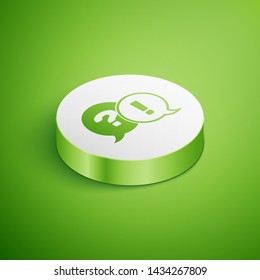 Isometric Speech bubbles with Question and Exclamation icon isolated on green background. FAQ sign. Copy files, chat speech bubble and chart. White circle button. Vector Illustration
