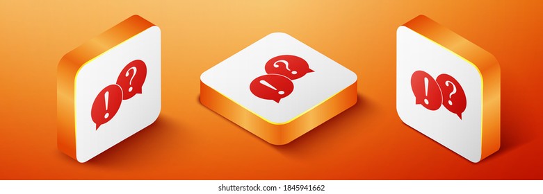 La voz isométrica burbuja con el icono de preguntas y signos de exclamación aislado en el fondo naranja. Signo de FAQ. Copiar archivos, chats speech bubble. Botón cuadrado naranja. Vector.