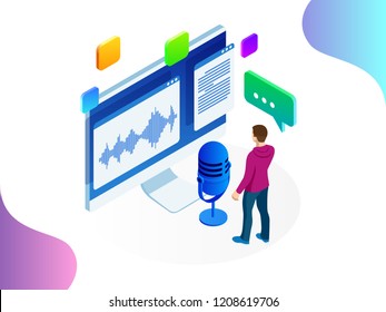 Isometric speech recognition, intelligent personal assistant created concept. Voice recognition vector illustration Isometric speech recognition, intelligent personal assistant created concept. Voice recognition vector illustration