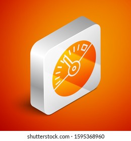 Isometric Speedometer icon isolated on orange background. Silver square button. Vector Illustration