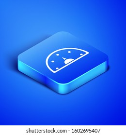 Isometric Speedometer icon isolated on blue background. Blue square button. Vector Illustration