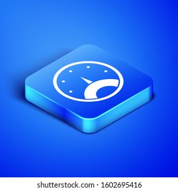 Isometric Speedometer icon isolated on blue background. Blue square button. Vector Illustration