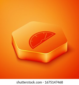 Isometrisches Speedometer Symbol einzeln auf orangefarbenem Hintergrund. Orangefarbene Hexagon-Taste. Vektorillustration-Illustration
