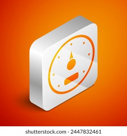 Isometric Speedometer icon isolated on orange background. Silver square button. Vector