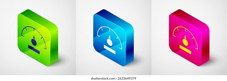 Isometric Speedometer icon isolated on grey background. Square button. Vector