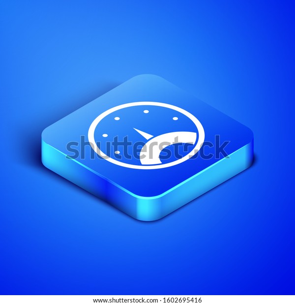 Isometric Speedometer icon isolated\
on blue background. Blue square button. Vector\
Illustration