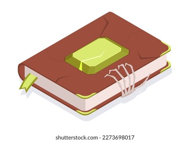 Isometric spell book. Witchcraft, magic, alchemy book, witch esoteric incantation, mystical spellbook 3d vector illustration