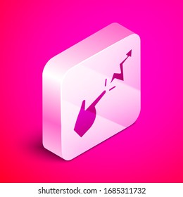 Isometric Spell icon isolated on pink background. The sorcerer hand performing spells. Silver square button. Vector Illustration