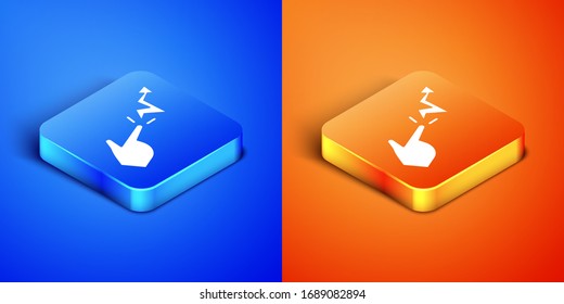 Isometric Spell icon isolated on blue and orange background. The sorcerer hand performing spells. Square button. Vector Illustration