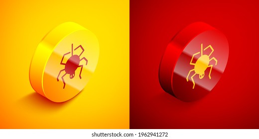 Isometric Spider icon isolated on orange and red background. Happy Halloween party. Circle button. Vector