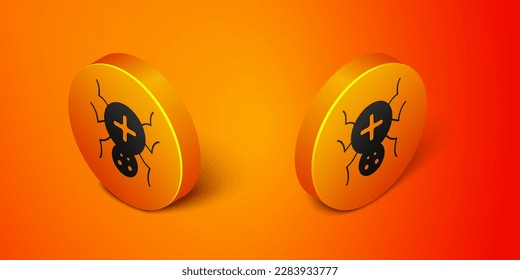 Isometric Spider icon isolated on orange background. Happy Halloween party. Orange circle button. Vector