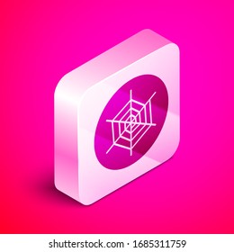 Isometric Spider web icon isolated on pink background. Cobweb sign. Happy Halloween party. Silver square button. Vector Illustration