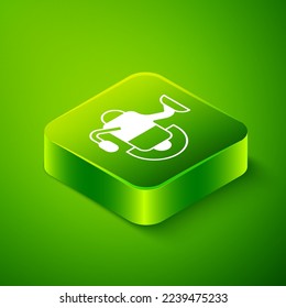 Isometric Spinning reel for fishing icon isolated on green background. Fishing coil. Fishing tackle. Green square button. Vector