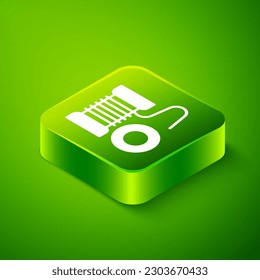 Isometric Spinning reel for fishing icon isolated on green background. Fishing coil. Fishing tackle. Green square button. Vector