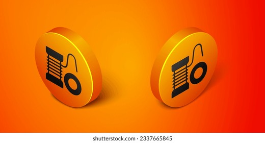 Isometric Spinning reel for fishing icon isolated on orange background. Fishing coil. Fishing tackle. Orange circle button. Vector