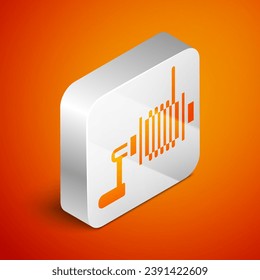 Isometric Spinning reel for fishing icon isolated on orange background. Fishing coil. Fishing tackle. Silver square button. Vector