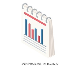 Isometrisches, spiralgebundenes Notebook mit Balkendiagramm, Datenanalyse, Geschäftswachstum und Statistiken. Ideal für Finanz-, Analyse- und Bildungszwecke. Vektorgrafik einzeln auf Weiß.