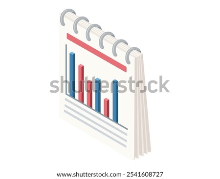 Isometric spiral-bound notebook with a bar chart, data analysis, business growth, and statistics. Ideal for finance, analytics, and educational purposes. Vector illustration isolated on white.