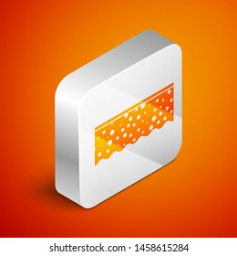 Isometric Sponge with bubbles icon isolated on orange background. Wisp of bast for washing dishes. Cleaning service logo. Silver square button. Vector Illustration