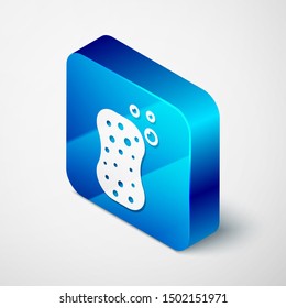 Isometric Sponge with bubbles icon isolated on white background. Cleaning service logo. Blue square button. Vector Illustration