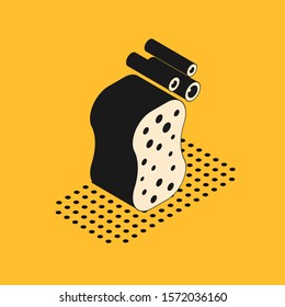 Isometric Sponge with bubbles icon isolated on yellow background. Wisp of bast for washing dishes. Cleaning service logo.  Vector Illustration