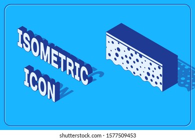 Isometric Sponge with bubbles icon isolated on blue background. Wisp of bast for washing dishes. Cleaning service logo.  Vector Illustration