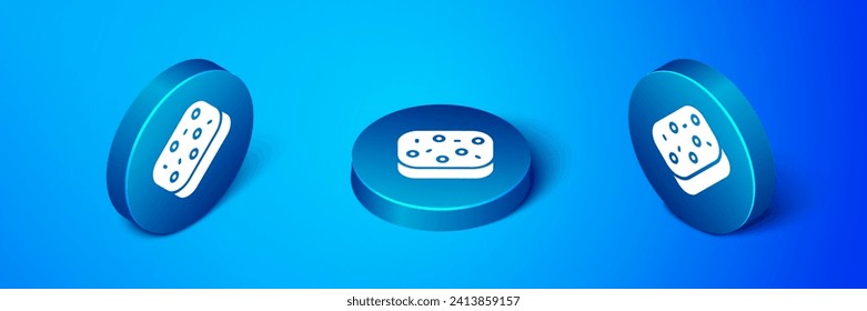Isometric Sponge with bubbles icon isolated on blue background. Wisp of bast for washing dishes. Cleaning service logo. Blue circle button. Vector