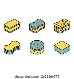Isometric Sponges Yellow and Teal Cleaning Supplies Icons Household Cleaning Bright and Cheerful Design