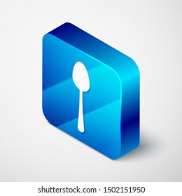 Isometric Spoon icon isolated on white background. Cooking utensil. Cutlery sign. Blue square button. Vector Illustration