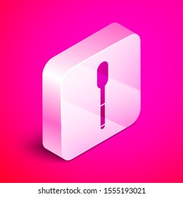 Isometric Spoon icon isolated on pink background. Cooking utensil. Cutlery sign. Silver square button. Vector Illustration