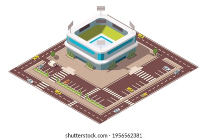 Isometric sport arena. Place for biggest sport competitions. Vector icon or infographic element representing football basketball or hockey stadium with cars and buses on the street