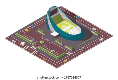 Isometric sport arena. Place for biggest sport competitions. Vector icon or infographic element representing football basketball or hockey stadium with cars and buses on the street