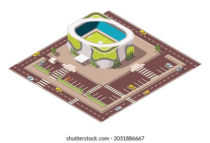 Isometric sport arena. Place for biggest sport competitions. Vector icon or infographic element representing football basketball or hockey stadium with cars and buses on the street