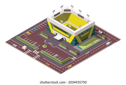 Isometric sport arena. Place for biggest sport competitions. Vector icon or infographic element representing football basketball or hockey stadium with cars and buses on the street