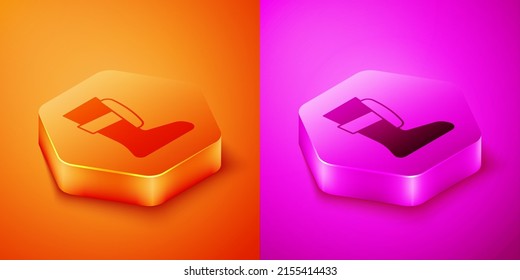 Isometric Sport boxing shoes icon isolated on orange and pink background. Wrestling shoes. Hexagon button. Vector