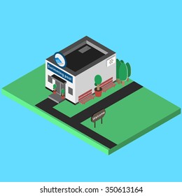 Isometric sport build vector isolated. Swimming pool hall vector and recreation zone with bench. Illustration of isometric sport hall vector.  3D sport location for app, game, web, design
