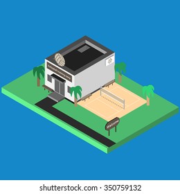 Isometric sport build vector isolated. Volleyball camp and outdoor isometric sand court. 3D sport location. Illustration of isometric sport hall vector. Flat style objects for app, game, design, web