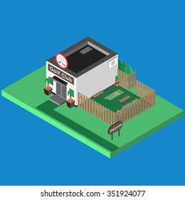Isometric sport build vector isolated. Golf Club and outdoor isometric playground. 3D sport location. Illustration of isometric sport hall vector. Flat style objects for app, game, design, web