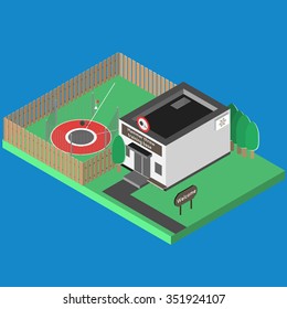 Isometric sport build vector isolated. Hammer throw base and outdoor isometric playground. 3D sport location. Illustration of isometric sport hall vector. Flat style objects for app, game, design, web